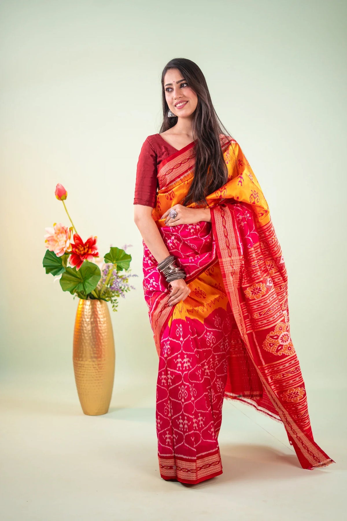 Orange Maroon Floral Chakra Khandua Silk Saree
