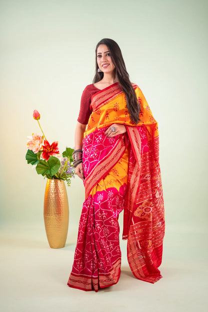 Orange Maroon Floral Chakra Khandua Silk Saree