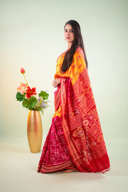 Orange Maroon Floral Chakra Khandua Silk Saree