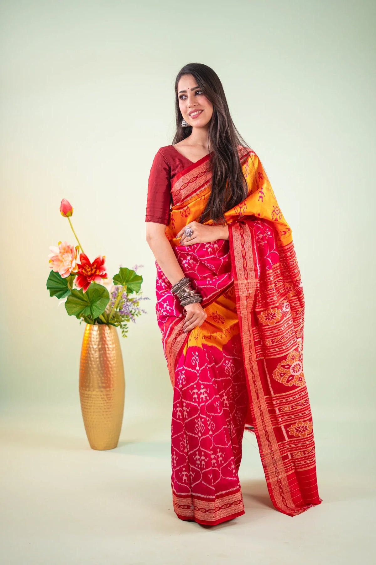 Orange Maroon Floral Chakra Khandua Silk Saree