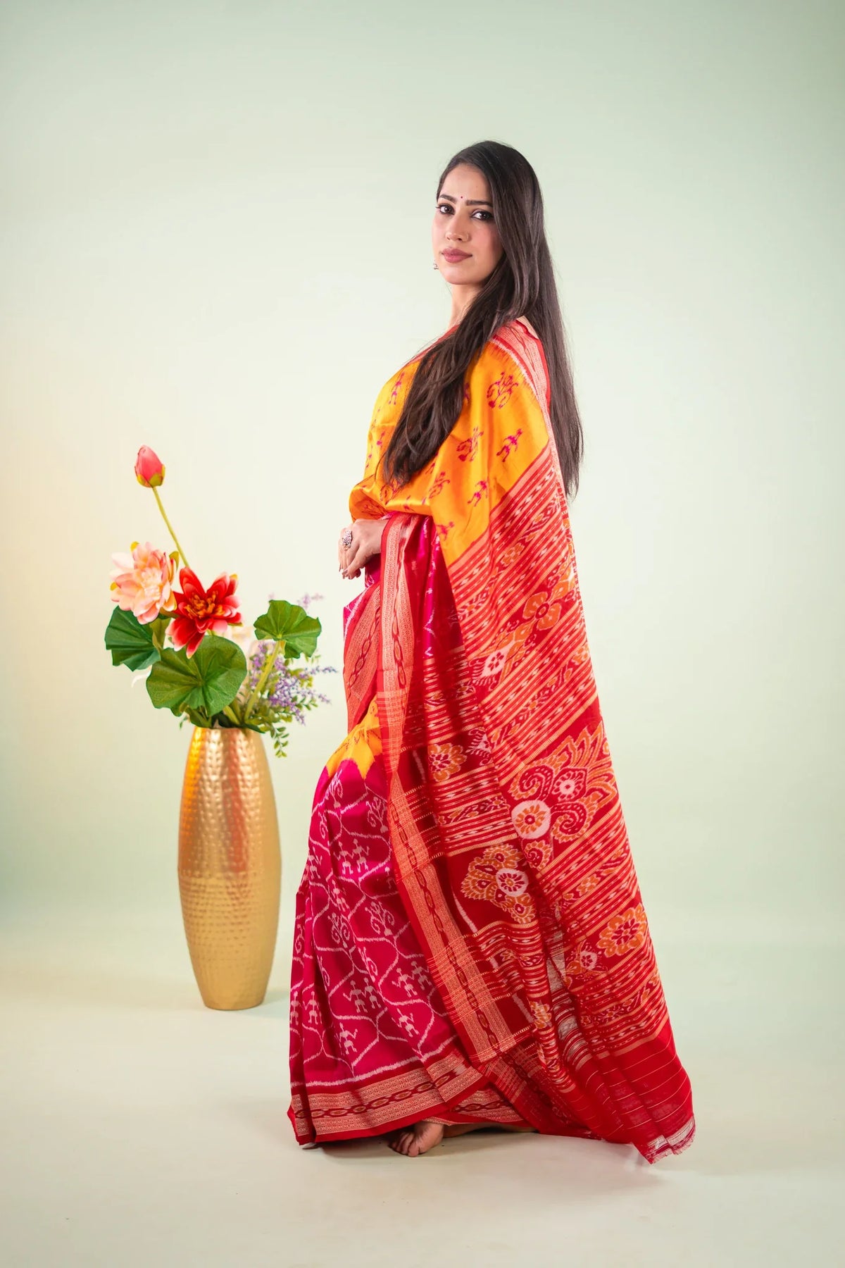 Orange Maroon Floral Chakra Khandua Silk Saree