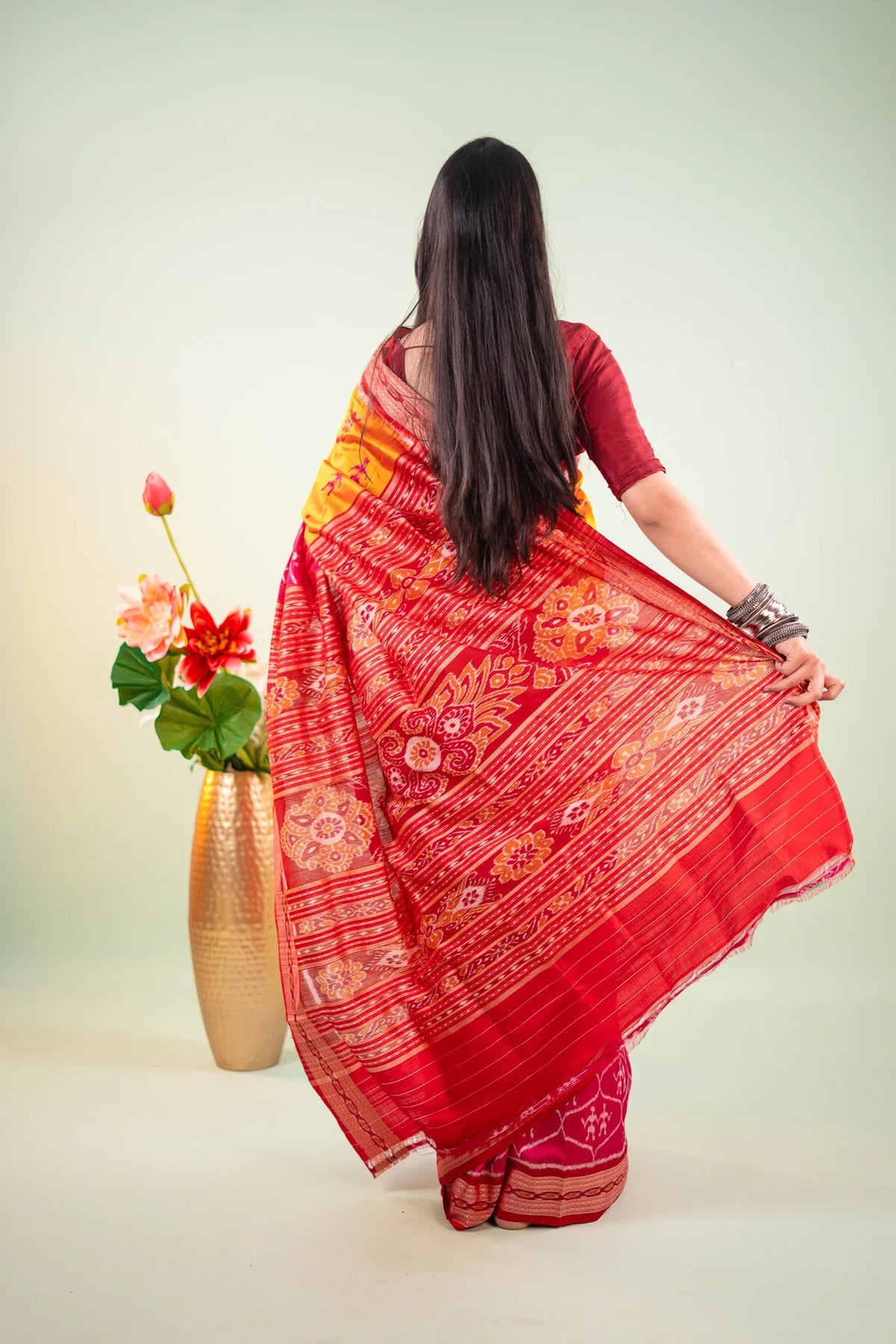 Orange Maroon Floral Chakra Khandua Silk Saree