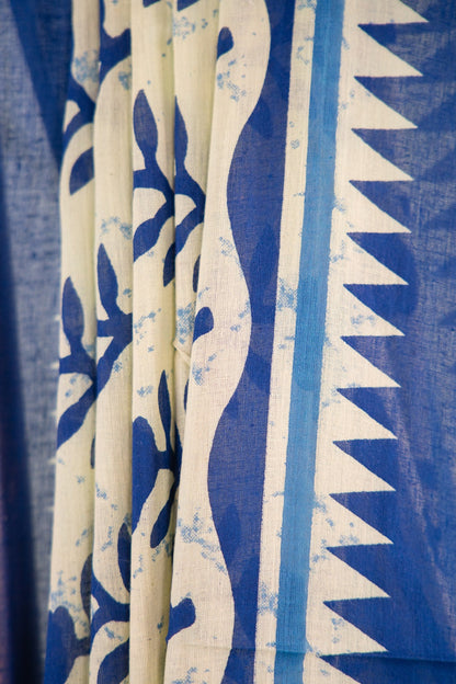 Pastel Yellow Indigo Floral Mul Mul Cotton Saree