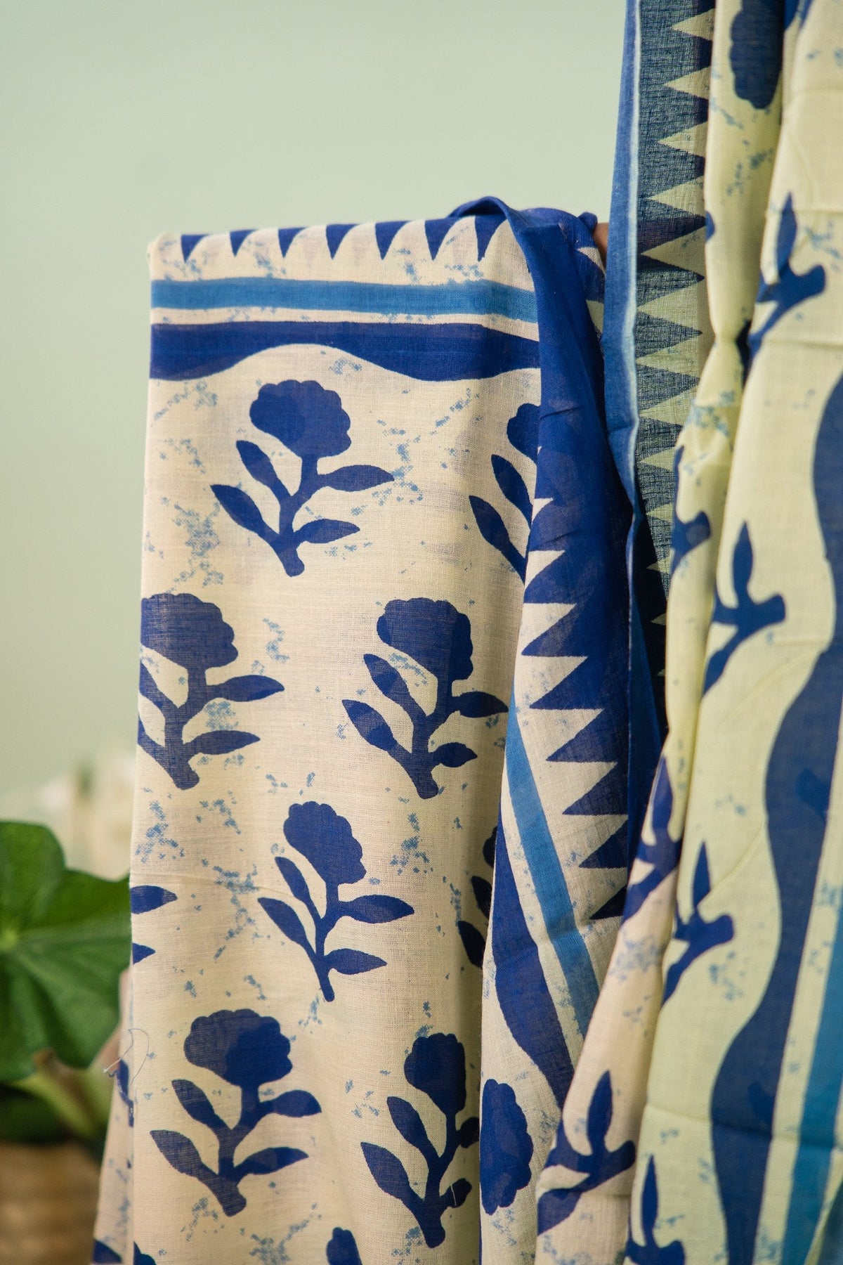 Pastel Yellow Indigo Floral Mul Mul Cotton Saree