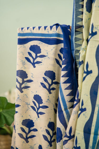Pastel Yellow Indigo Floral Mul Mul Cotton Saree