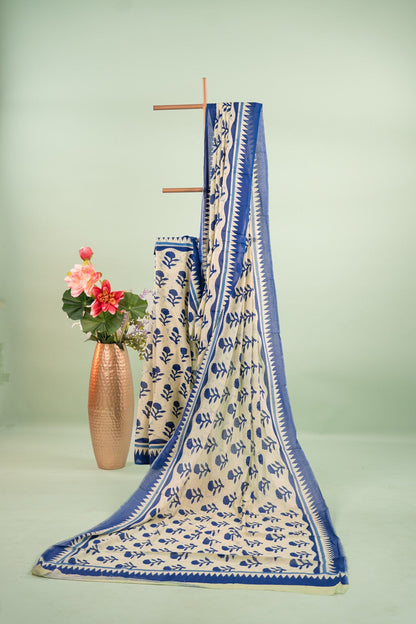 Pastel Yellow Indigo Floral Mul Mul Cotton Saree