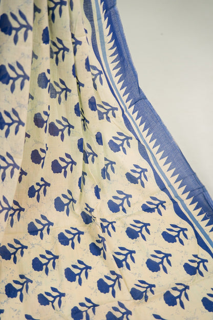 Pastel Yellow Indigo Floral Mul Mul Cotton Saree