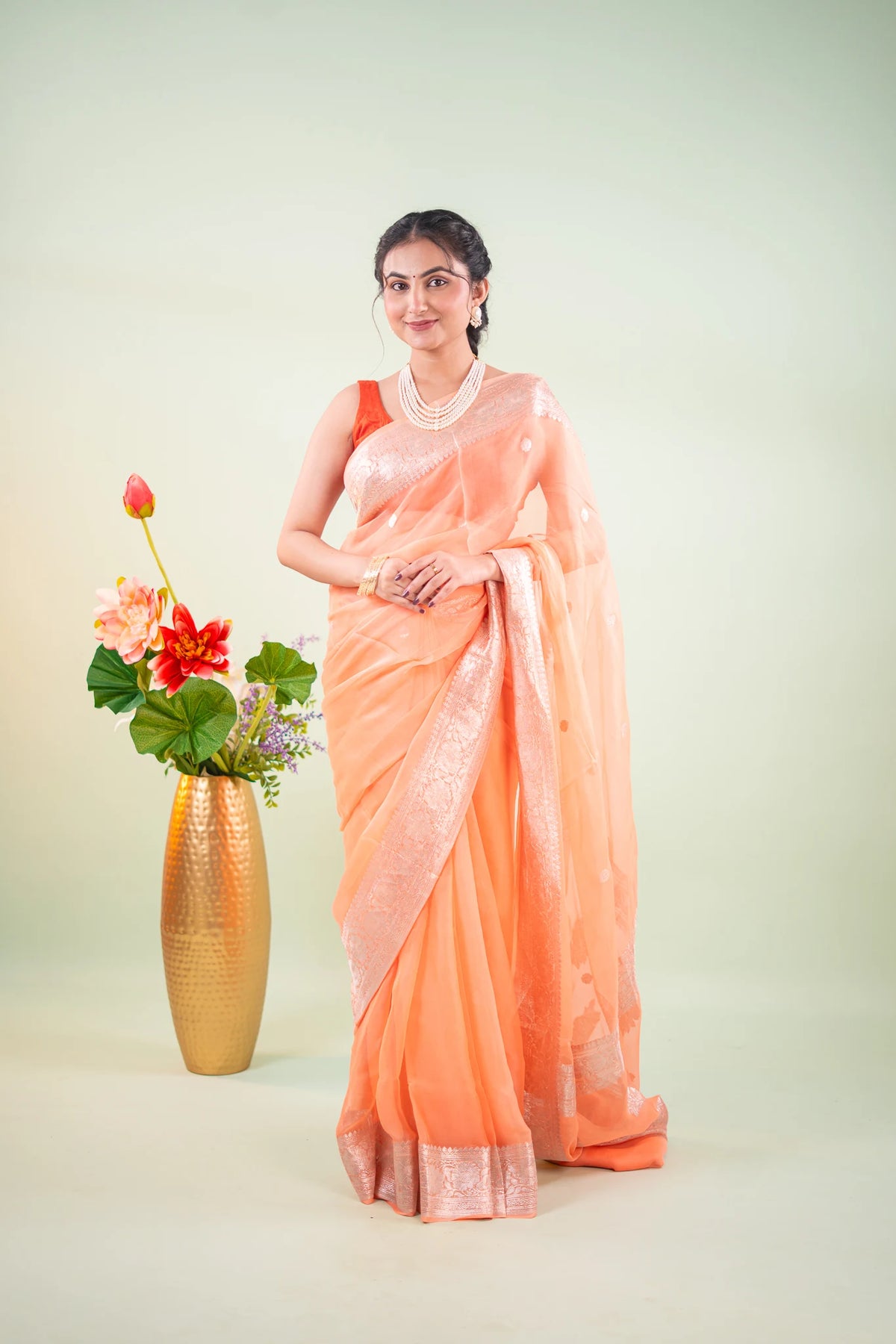 Peach Silver Zari Chiffon Saree - image 1