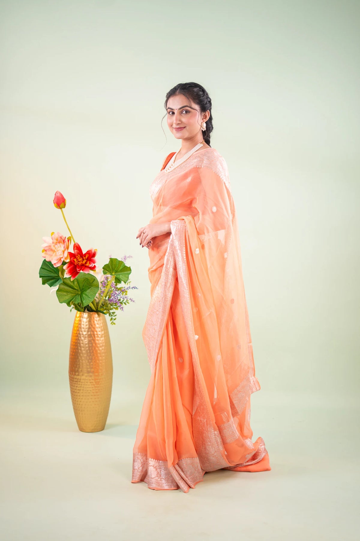 Peach Silver Zari Chiffon Saree - image 2
