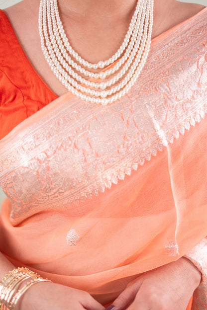 Peach Silver Zari Chiffon Saree - image 3