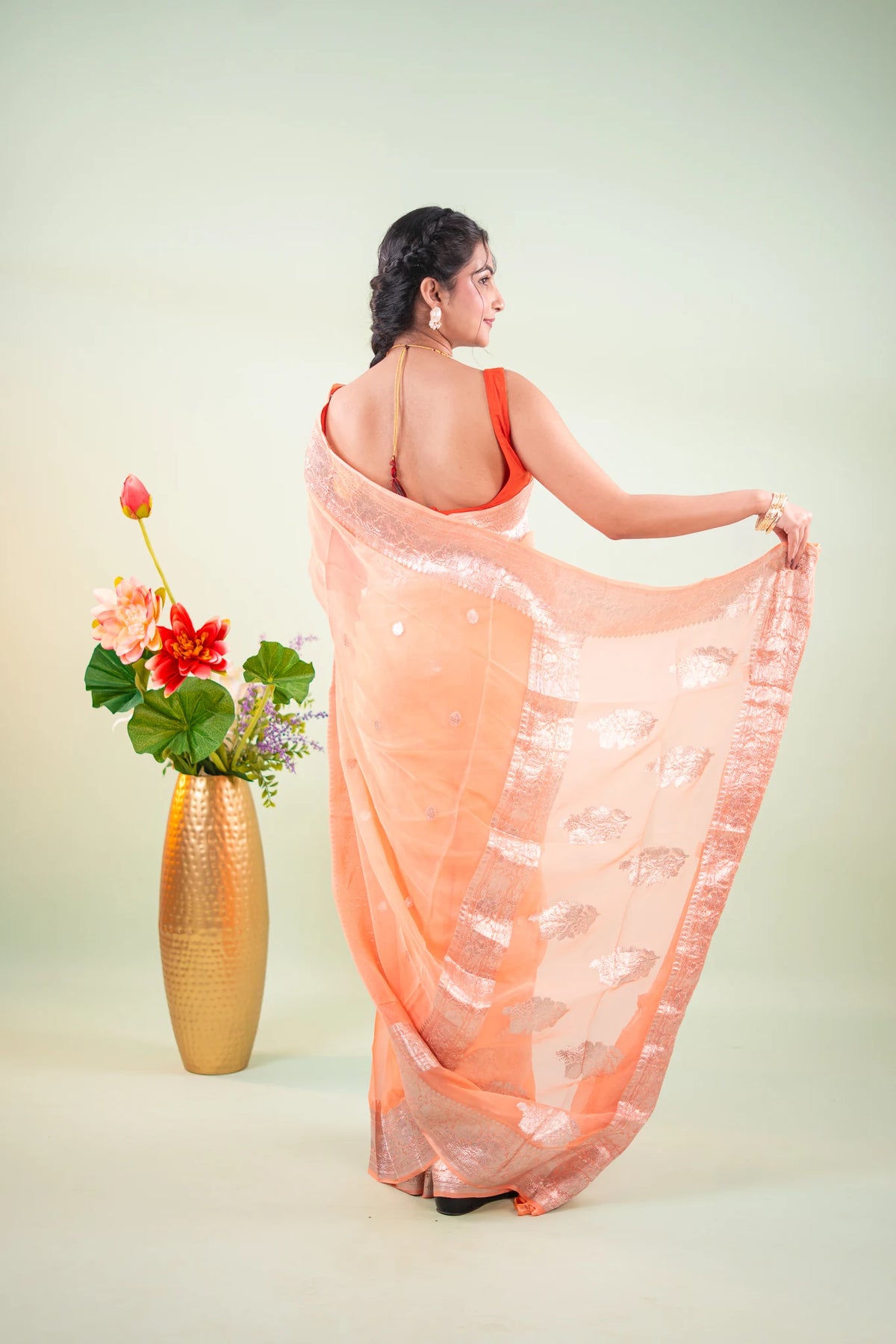 Peach Silver Zari Chiffon Saree - image 4
