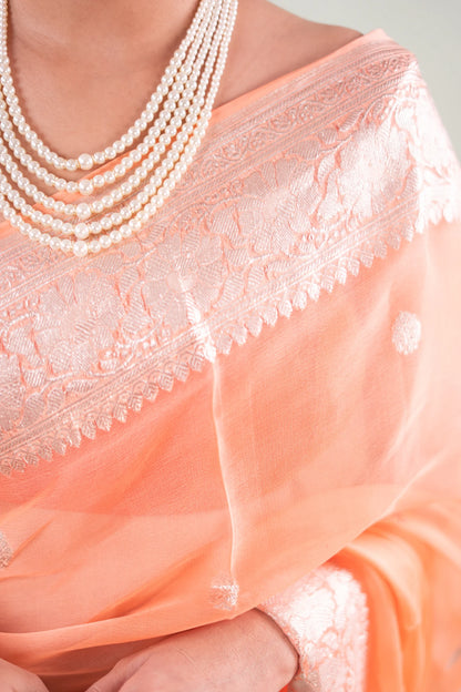 Peach Silver Zari Chiffon Saree - image 5