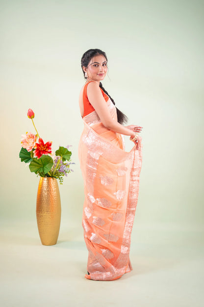 Peach Silver Zari Chiffon Saree - image 7