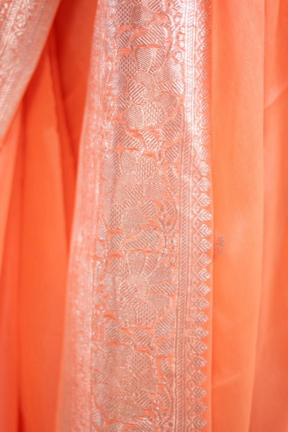 Peach Silver Zari Chiffon Saree - image 8
