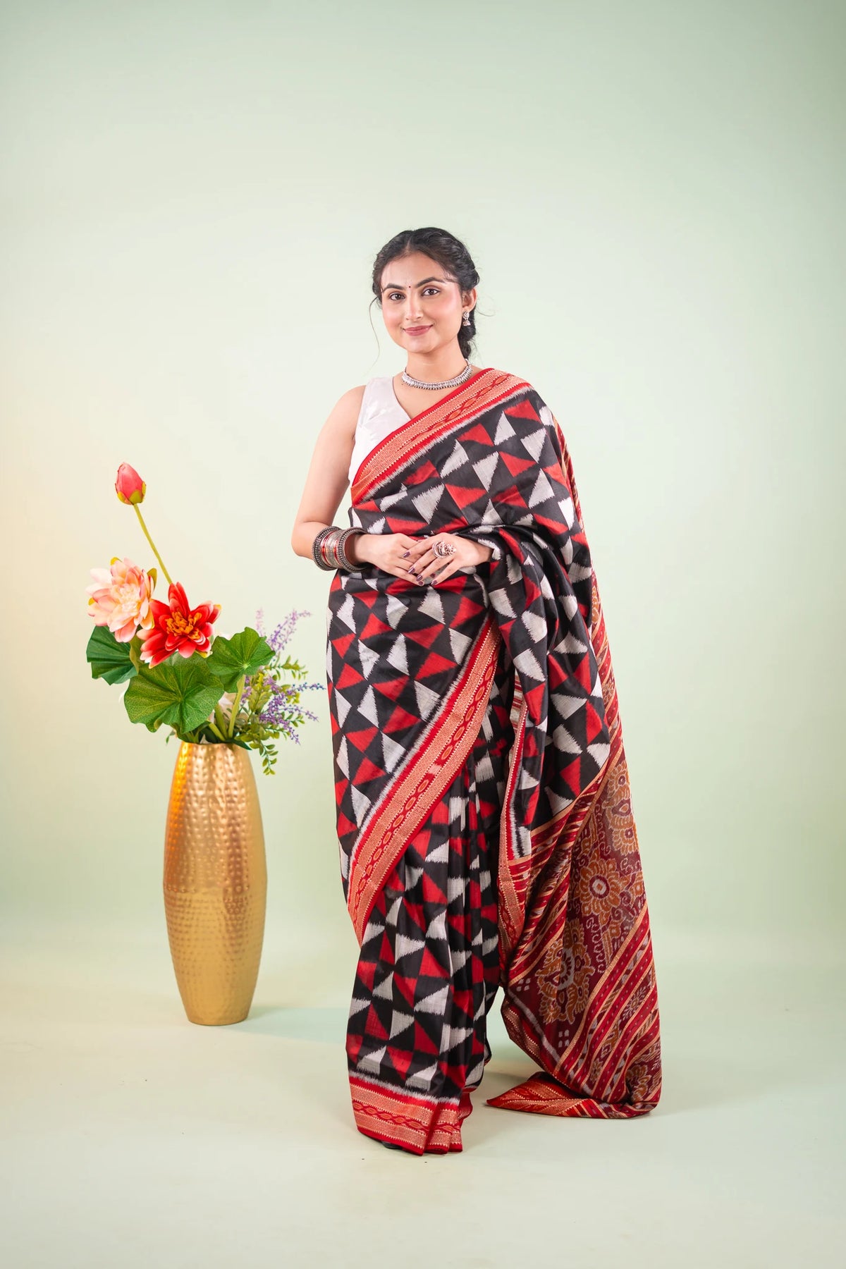 Plum Red Triangle Ikat Khandua Silk Saree - image 1