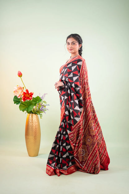 Plum Red Triangle Ikat Khandua Silk Saree - image 2