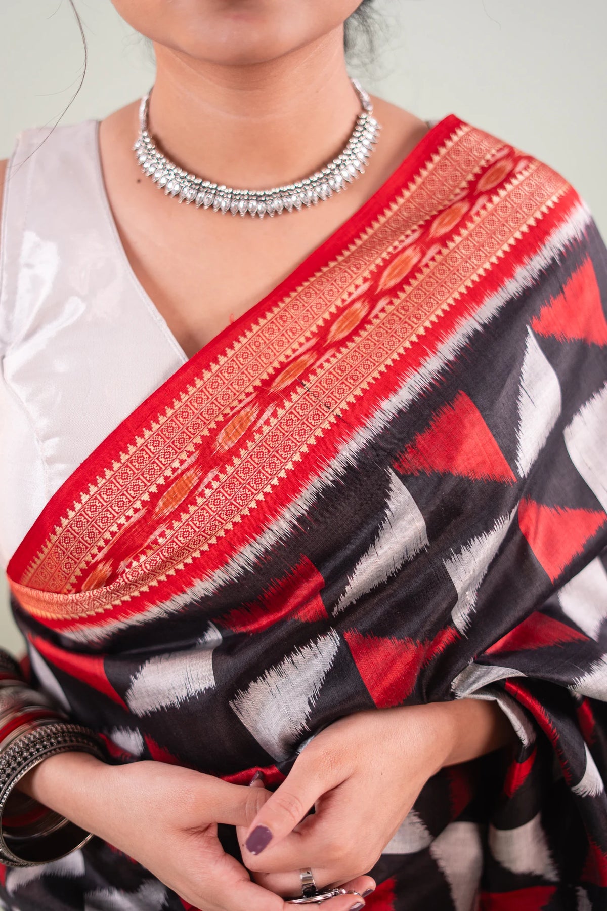Plum Red Triangle Ikat Khandua Silk Saree - image 3