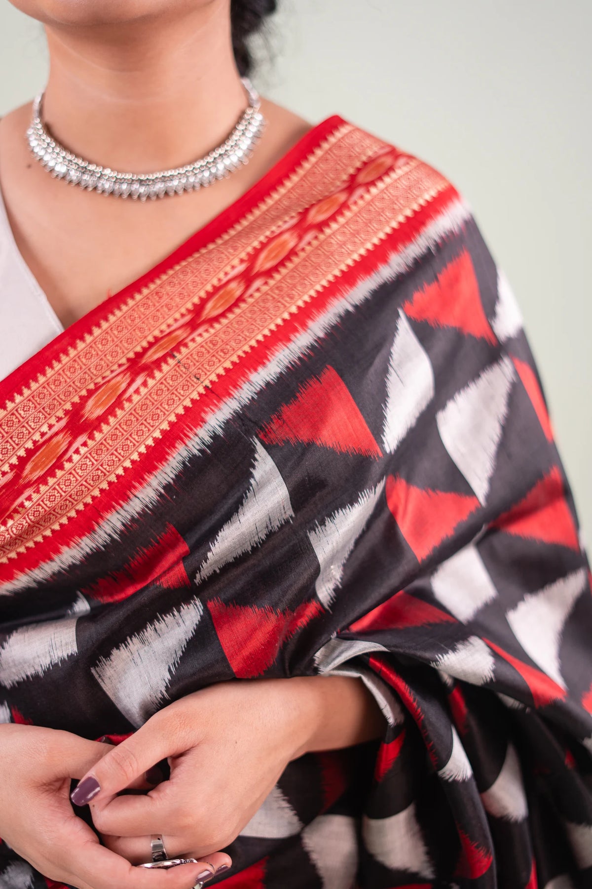 Plum Red Triangle Ikat Khandua Silk Saree - image 5