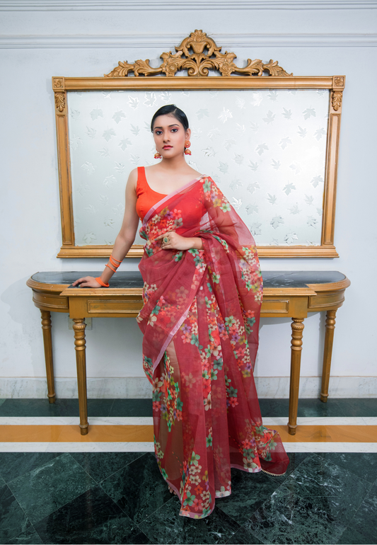 Hand dyed pure maroon organza saree - Atulyakarigari
