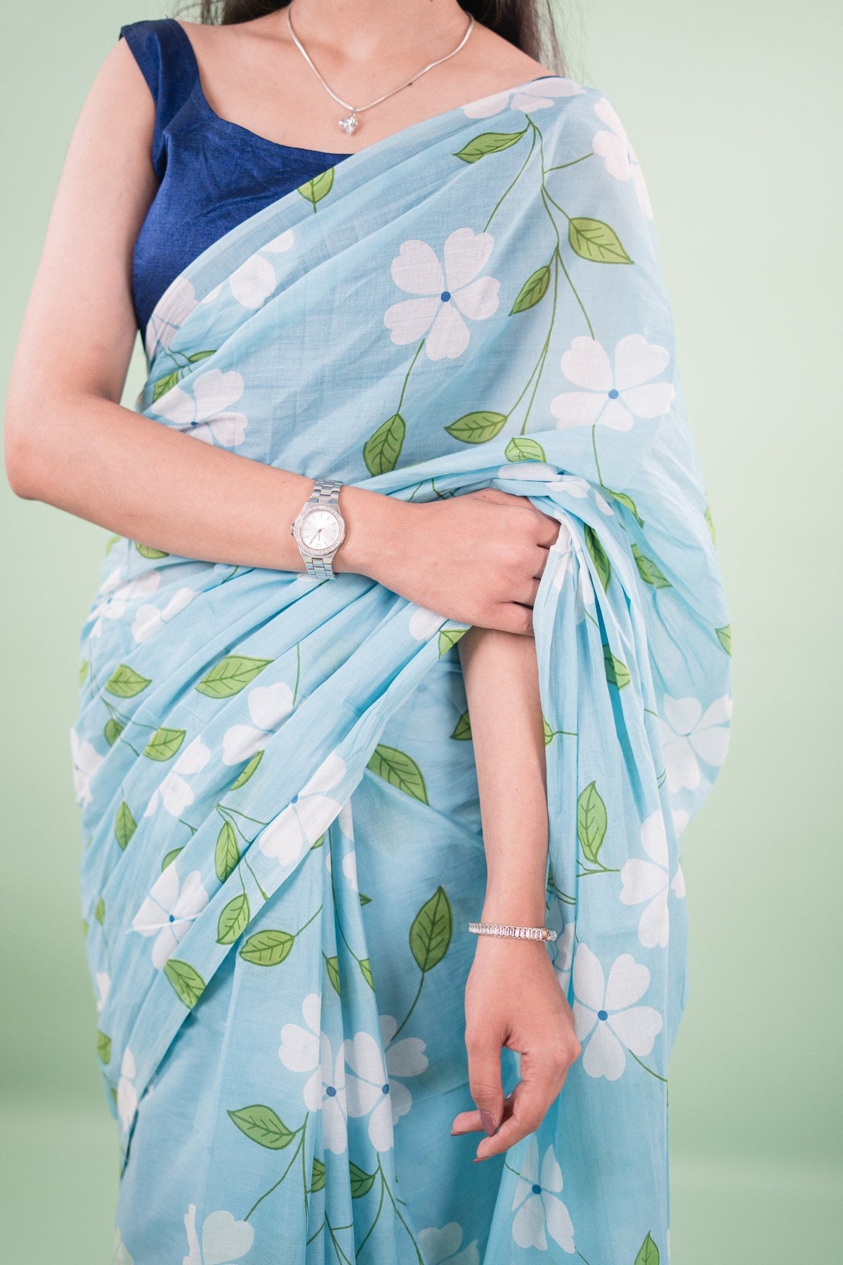 Powder Blue Blossom Vine Mul Mul Cotton Saree