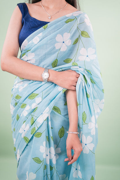 Powder Blue Blossom Vine Mul Mul Cotton Saree