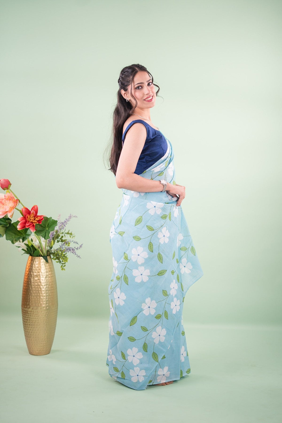 Powder Blue Blossom Vine Mul Mul Cotton Saree
