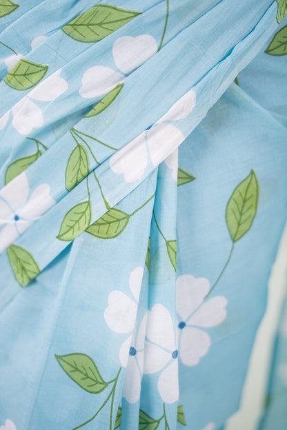 Powder Blue Blossom Vine Mul Mul Cotton Saree