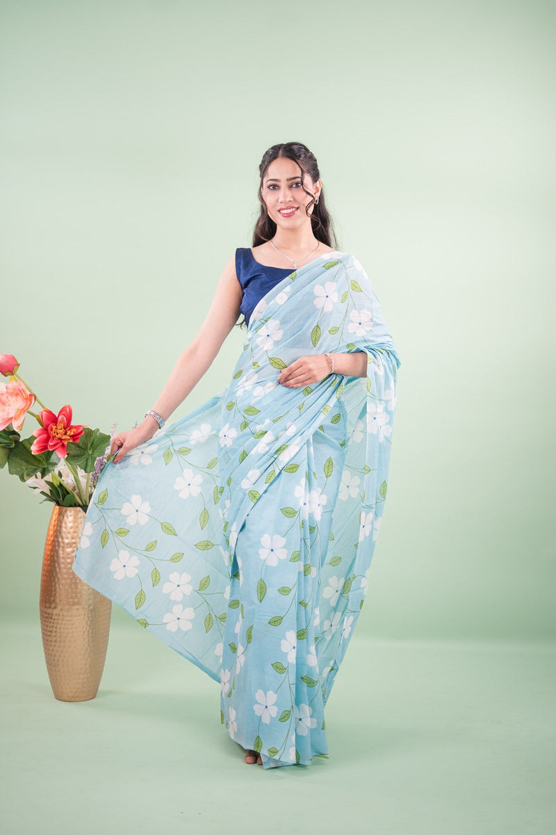 Powder Blue Blossom Vine Mul Mul Cotton Saree