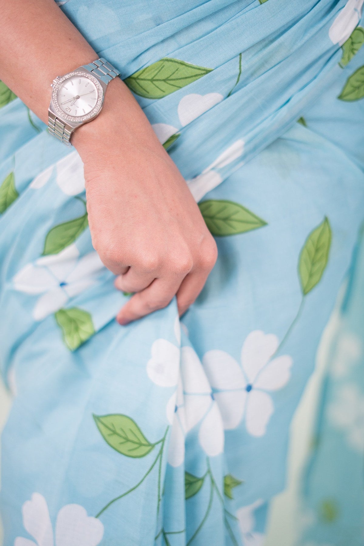 Powder Blue Blossom Vine Mul Mul Cotton Saree