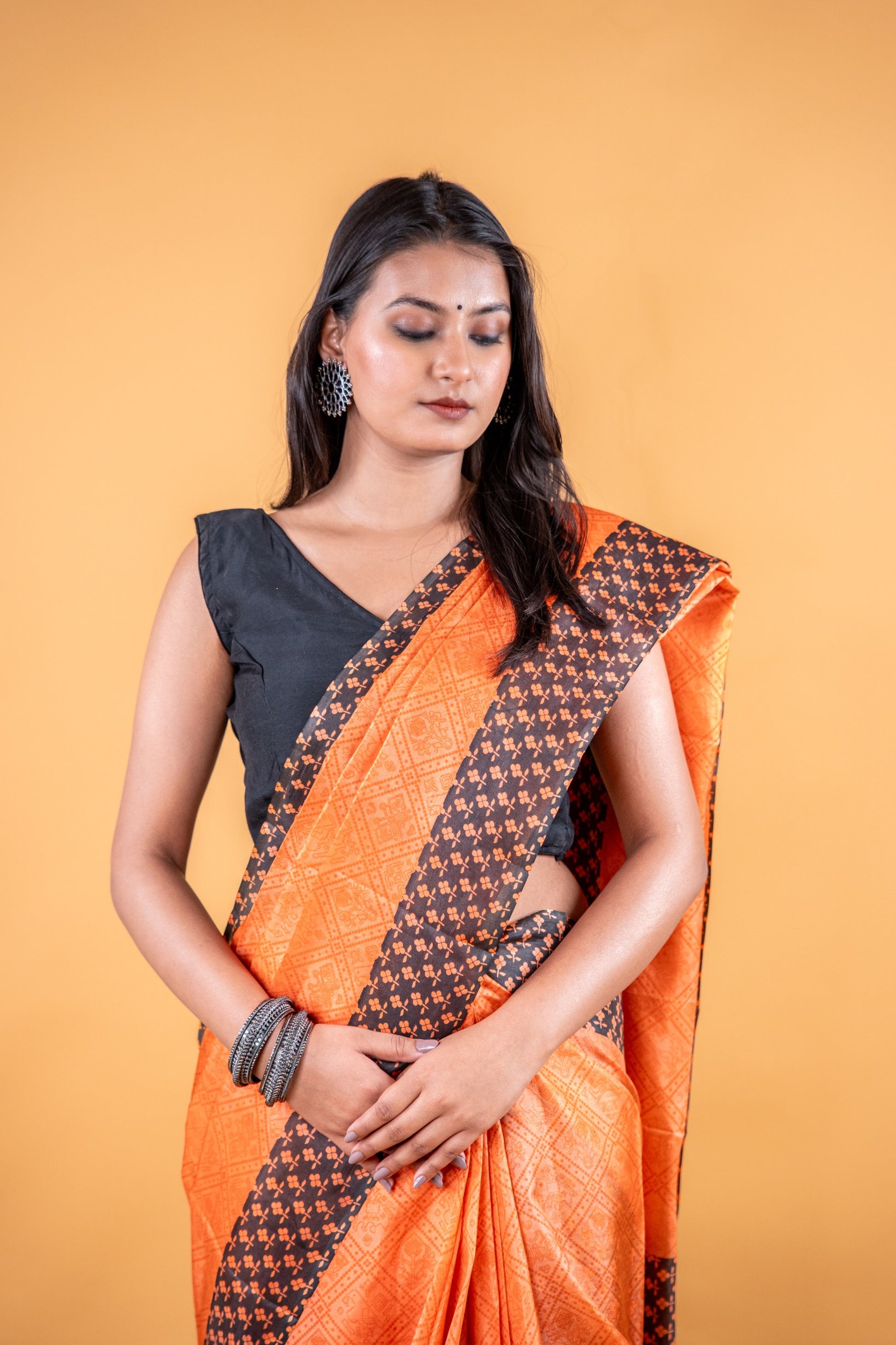 Matka Silk Hand Block Printed Saree - Orangish Yellow - Atulyakarigari