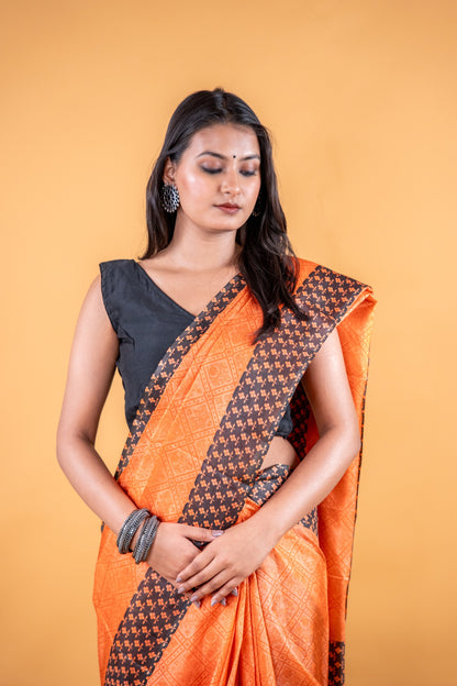 Matka Silk Hand Block Printed Saree - Orangish Yellow - Atulyakarigari