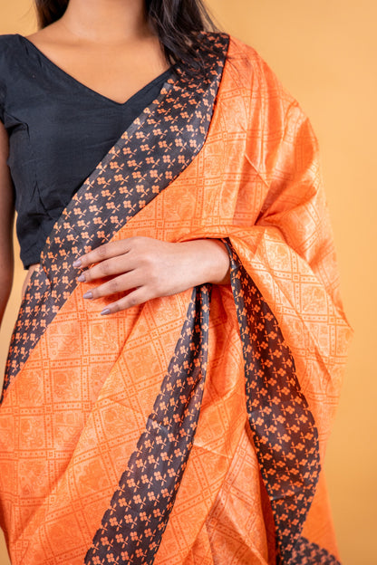 Matka Silk Hand Block Printed Saree - Orangish Yellow - Atulyakarigari