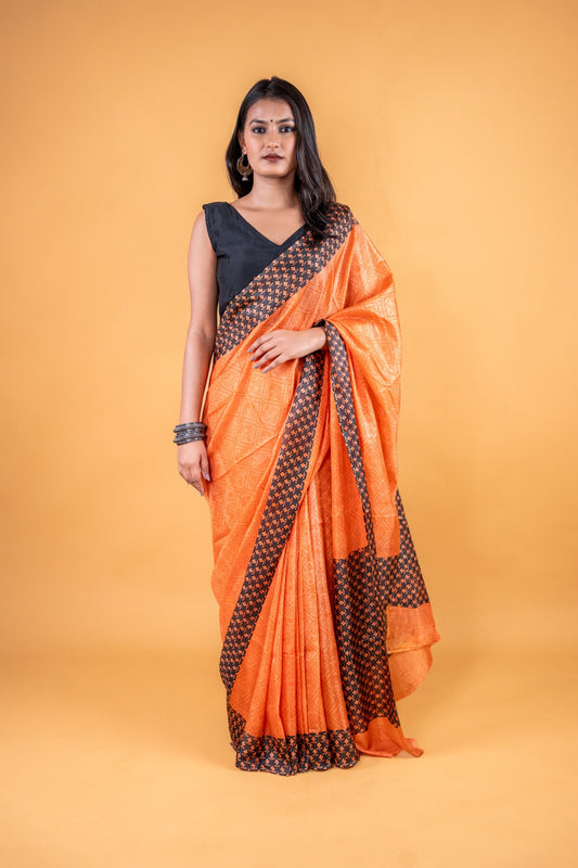 Matka Silk Hand Block Printed Saree - Orangish Yellow - Atulyakarigari