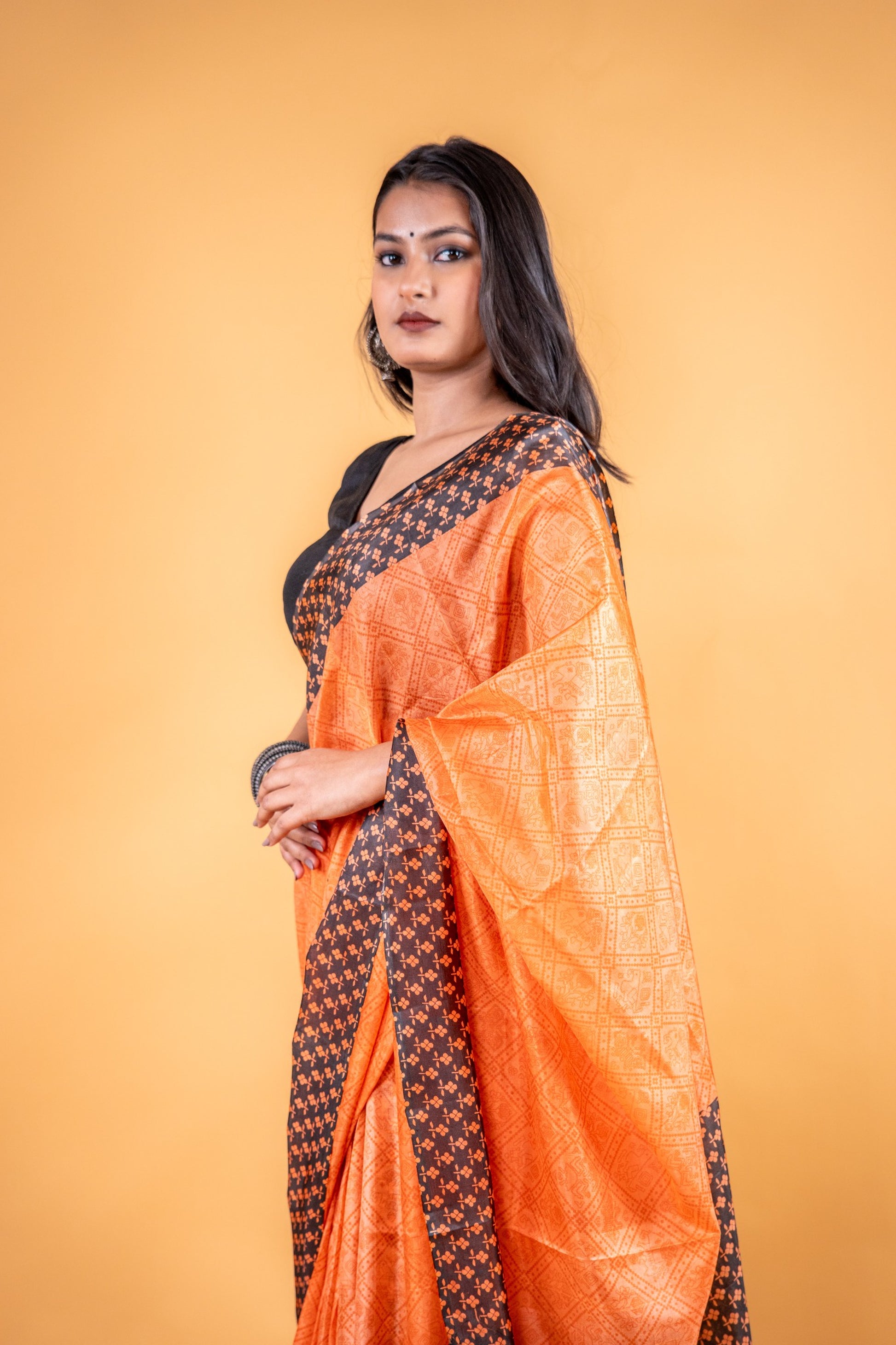 Matka Silk Hand Block Printed Saree - Orangish Yellow - Atulyakarigari