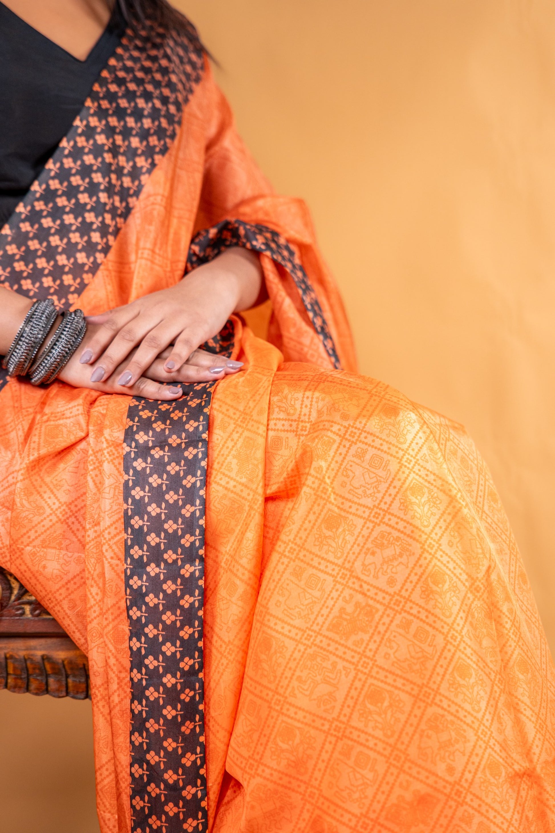 Matka Silk Hand Block Printed Saree - Orangish Yellow - Atulyakarigari