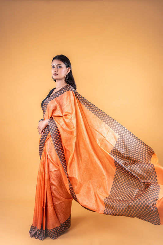 Matka Silk Hand Block Printed Saree - Orangish Yellow - Atulyakarigari