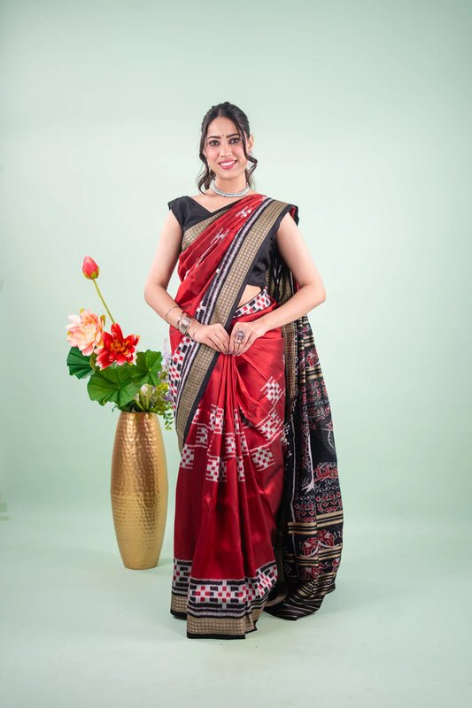Red Black Pasapalli Lotus Khandua Silk Saree - image 1