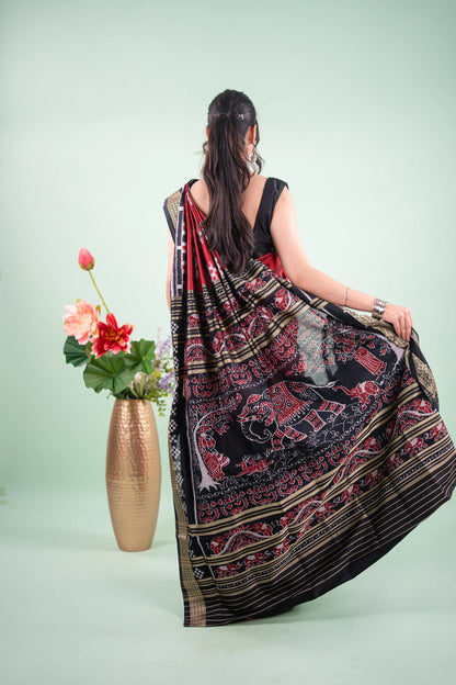 Red Black Pasapalli Lotus Khandua Silk Saree - image 4