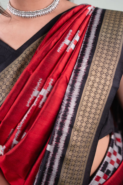 Red Black Pasapalli Lotus Khandua Silk Saree - image 6