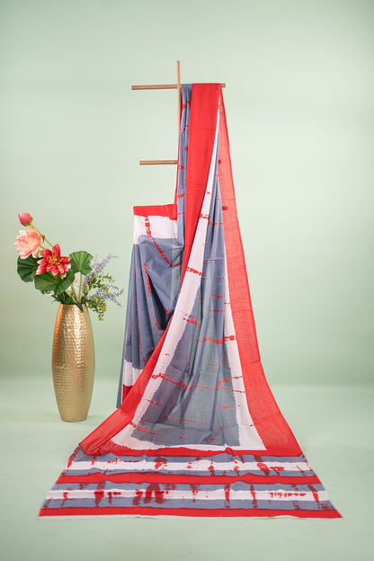 Red Grey Shibori Colour Block Mul Mul Cotton Saree