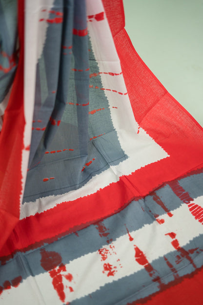 Red Grey Shibori Colour Block Mul Mul Cotton Saree