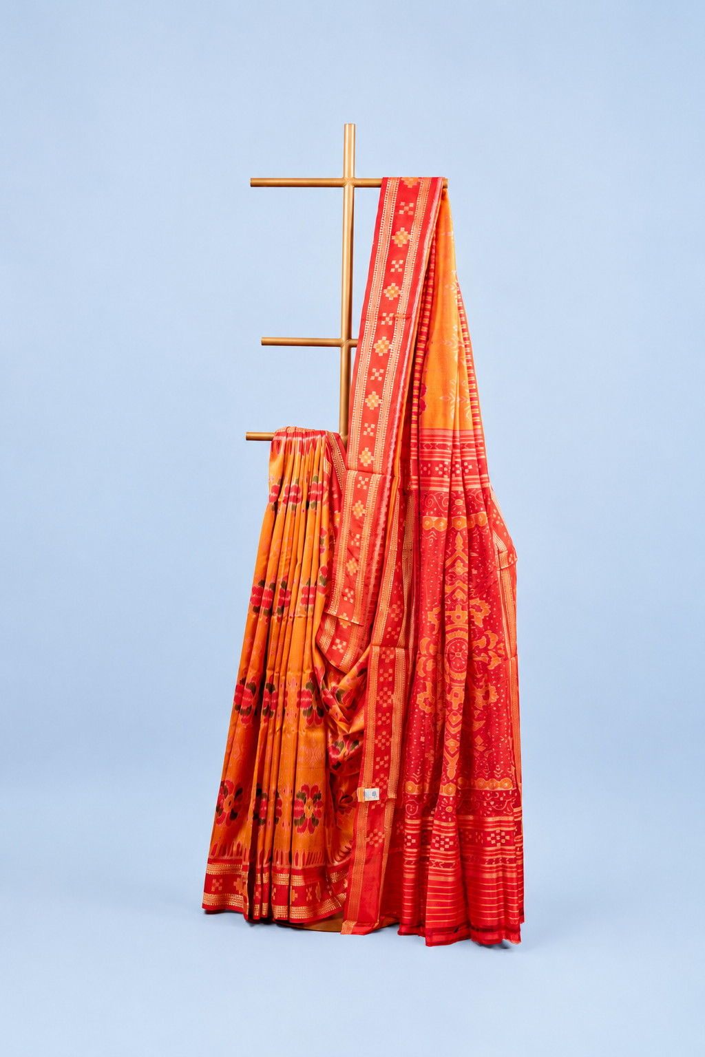 Saffron Orange Khandua Silk Saree with Padma Ikat Motifs | Odisha Handloom
