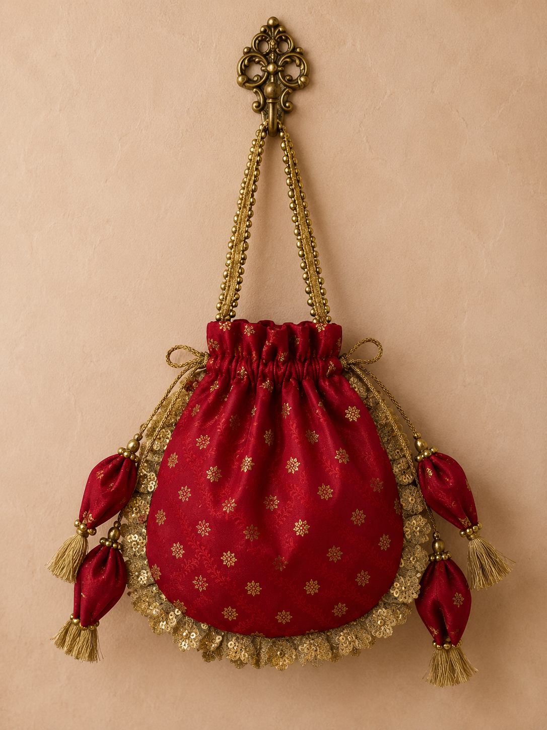 Crimson Red Silk Potli Bag