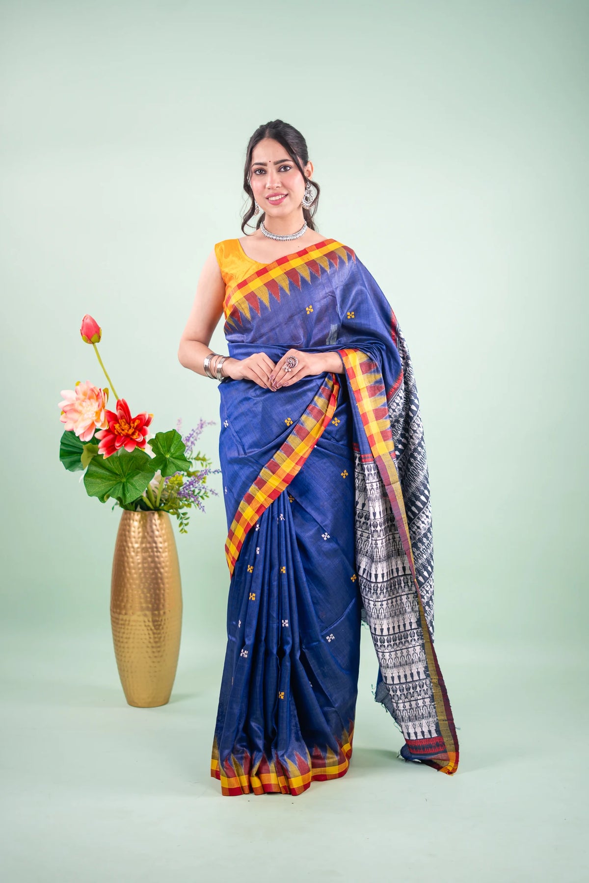 Royal Blue Temple Border Tussar Saree image 1
