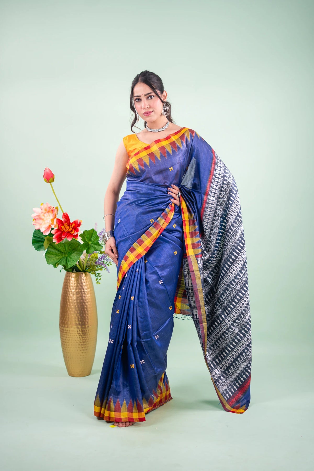 Royal Blue Temple Border Tussar Saree image 2