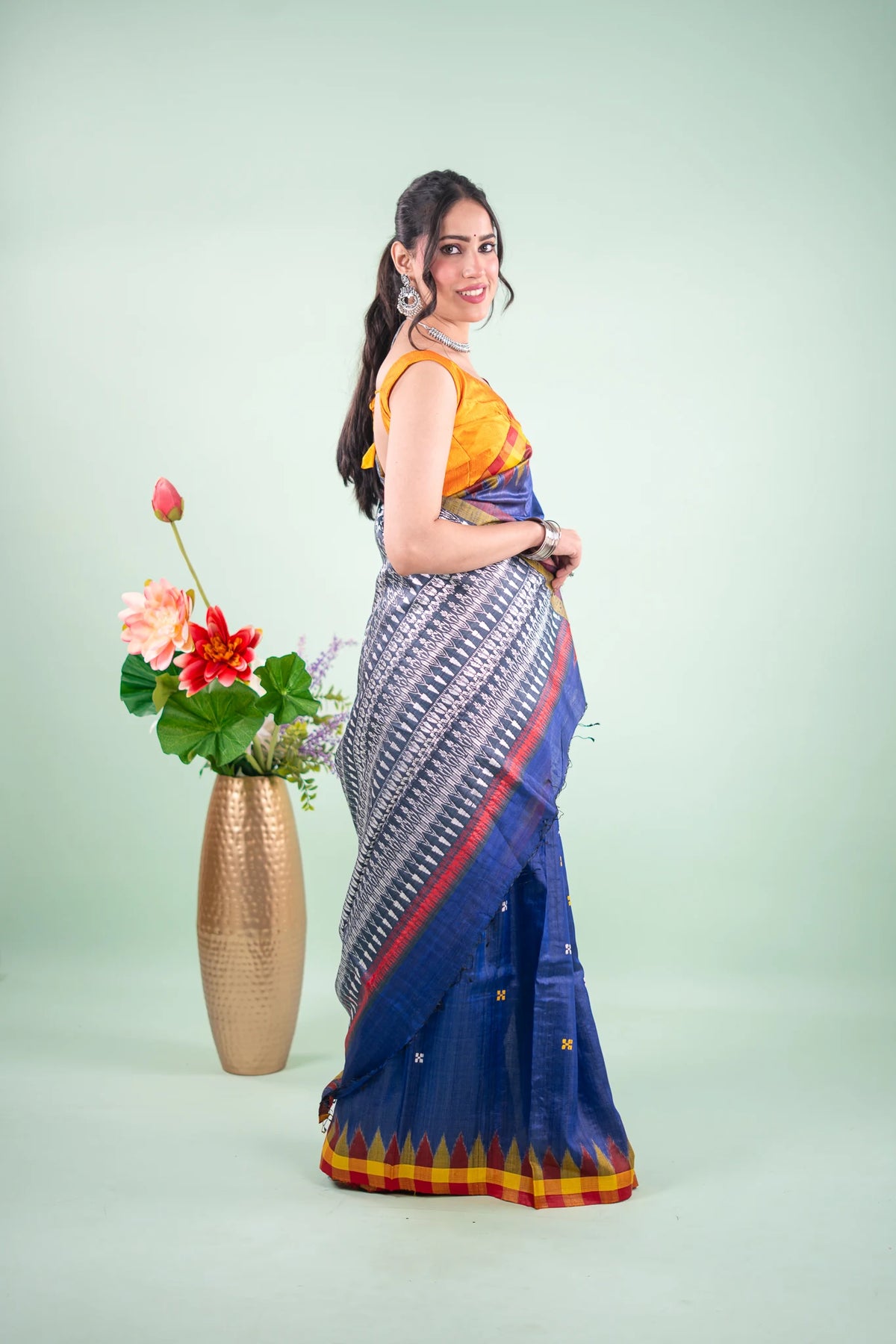 Royal Blue Temple Border Tussar Saree image 7