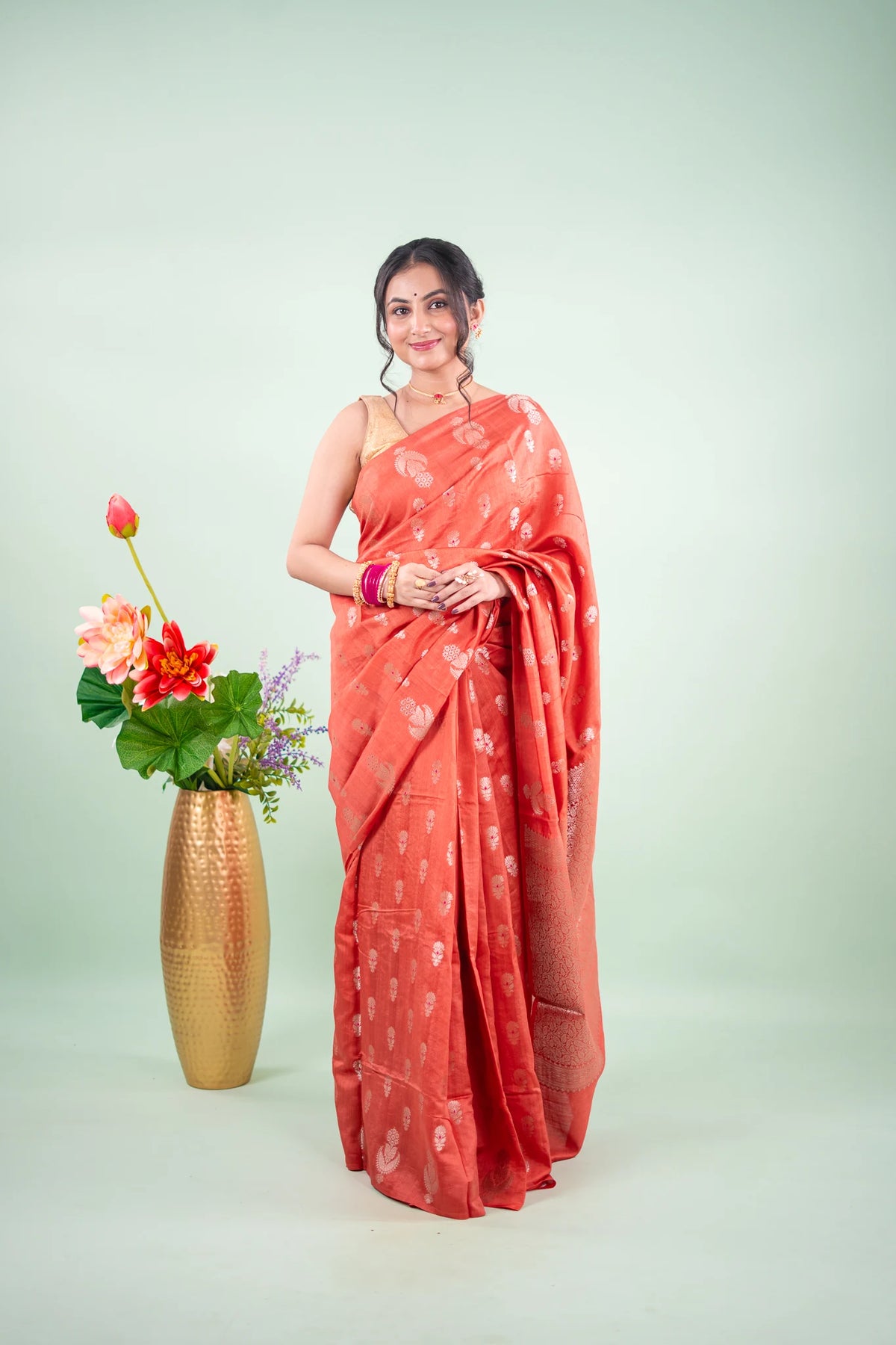 Rust Orange Banarasi Silk Saree - Paisley Floral Buta image 1