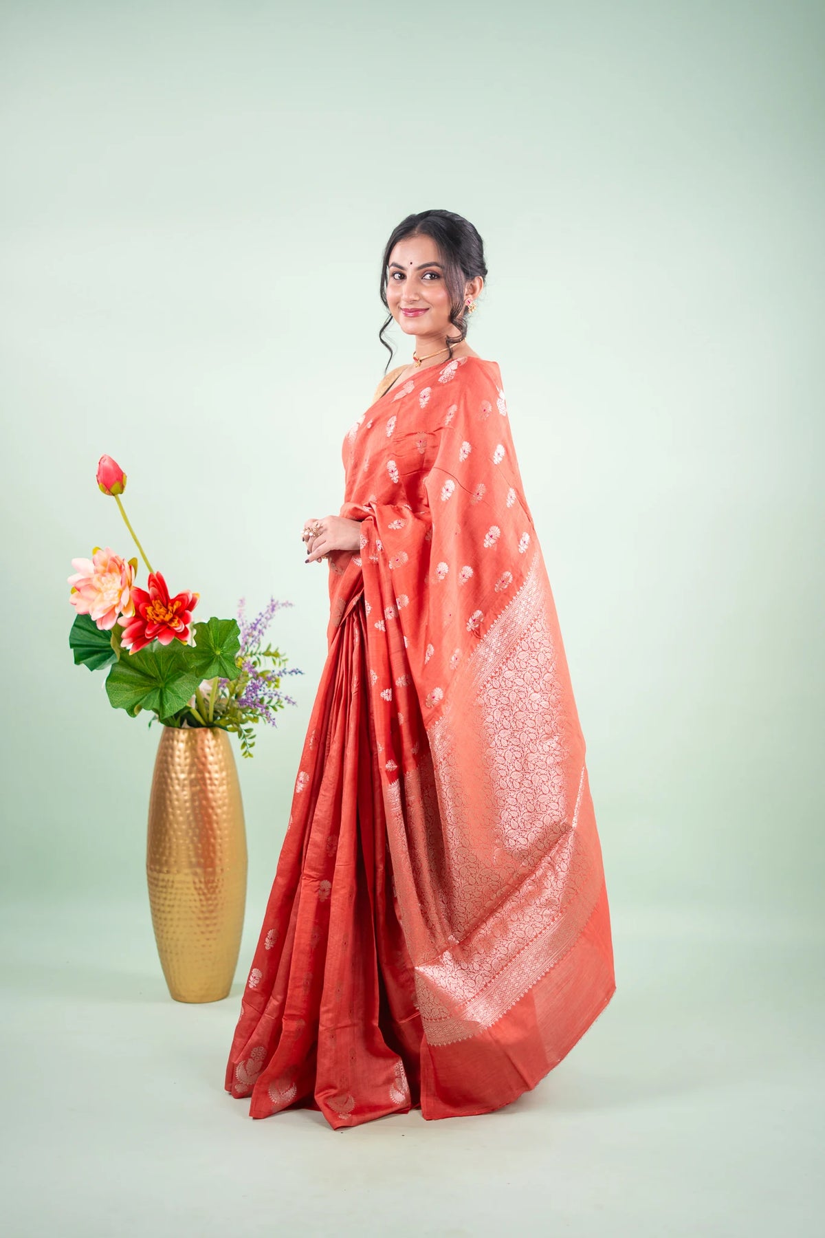 Rust Orange Banarasi Silk Saree - Paisley Floral Buta image 2