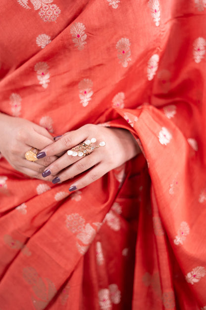 Rust Orange Banarasi Silk Saree - Paisley Floral Buta image 3
