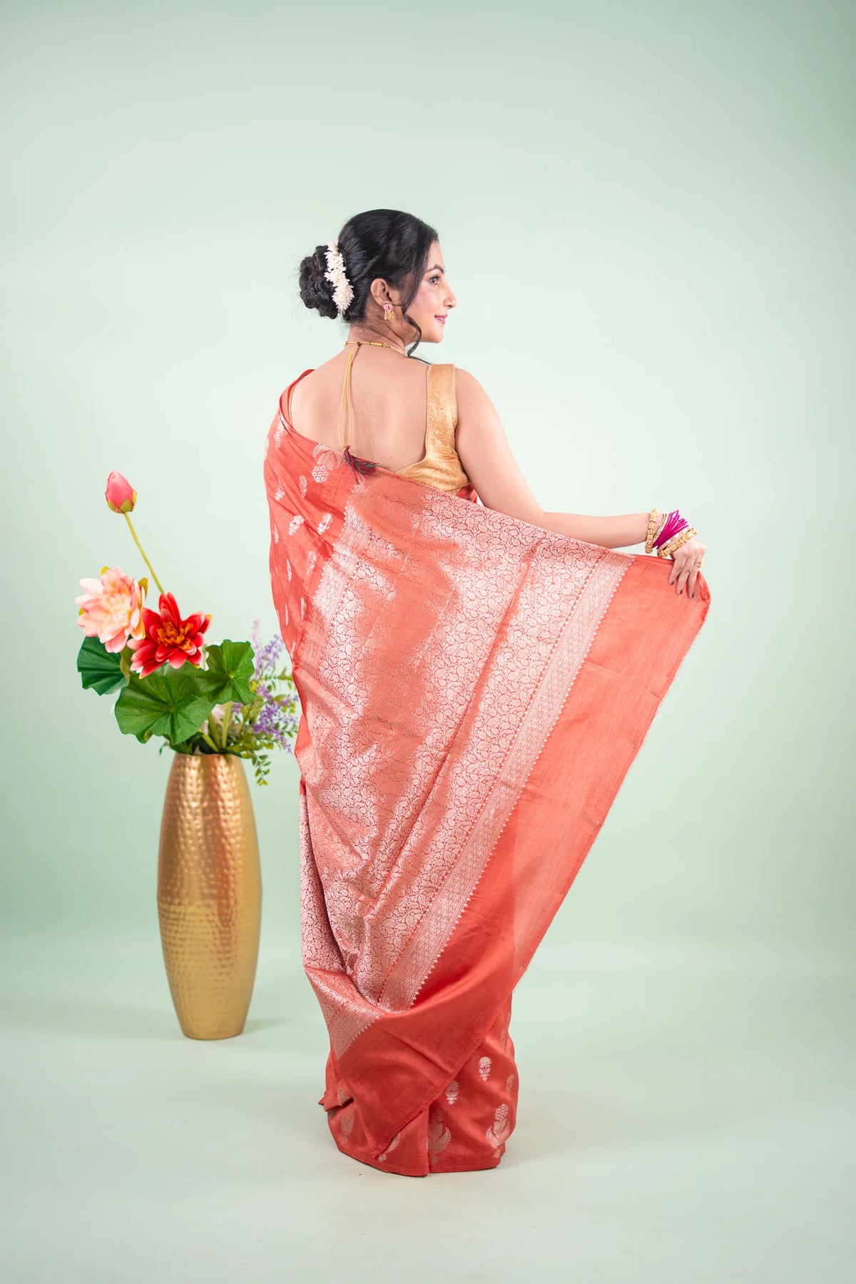 Rust Orange Banarasi Silk Saree - Paisley Floral Buta image 4